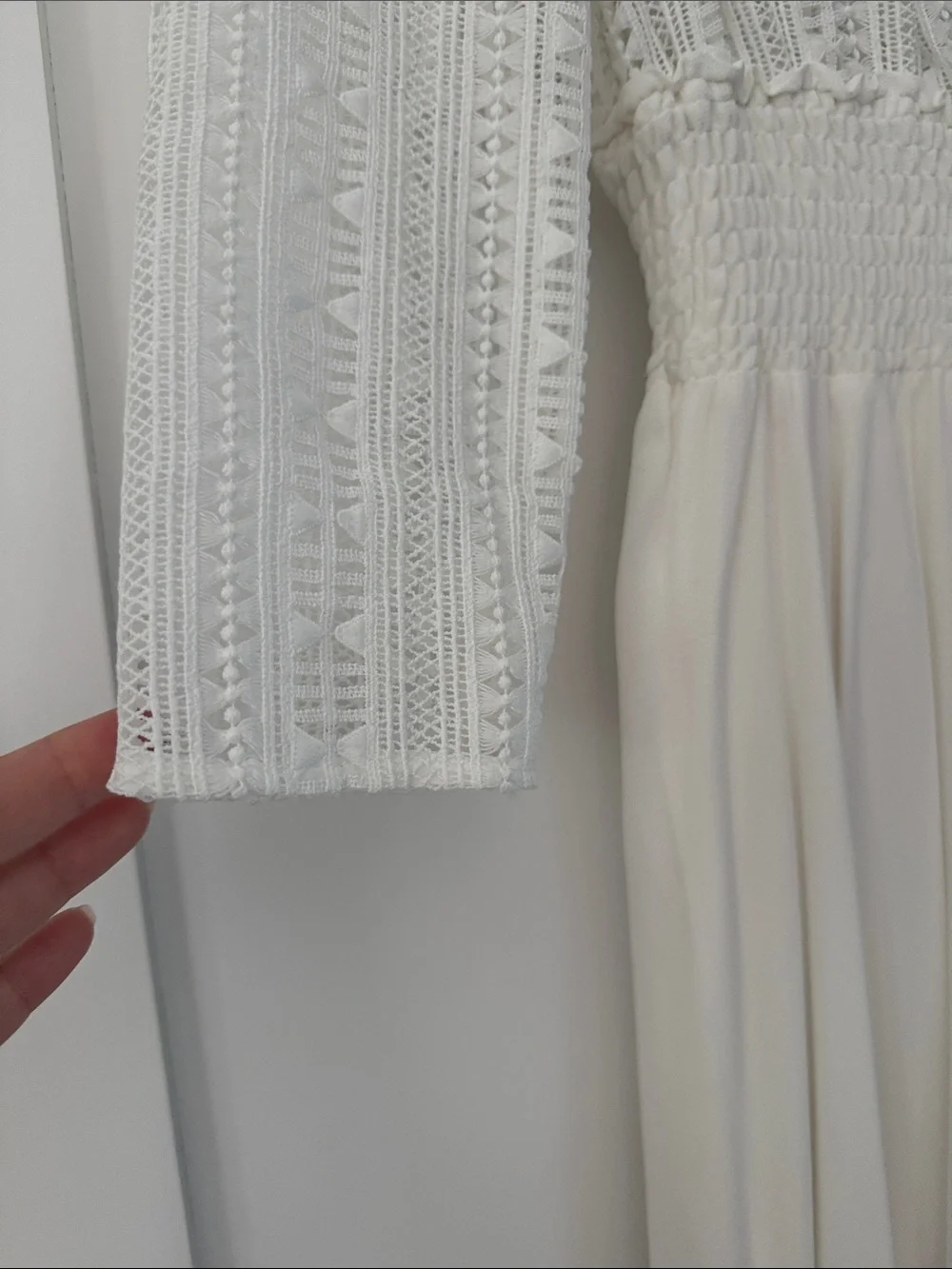 Maje White Lace Bodice Smocked Waist Midi Dress